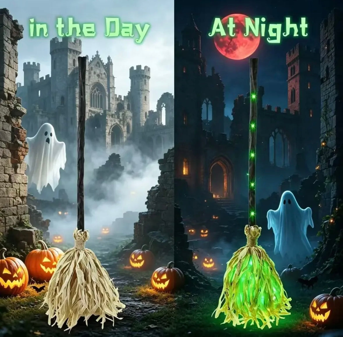 Glowing Witch Broom with Spooky Sounds & Motion