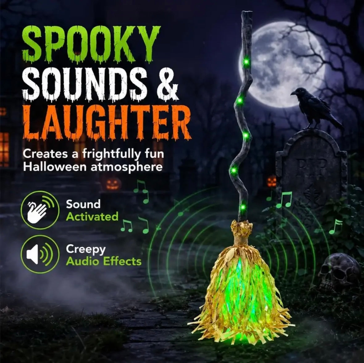 Glowing Witch Broom with Spooky Sounds & Motion