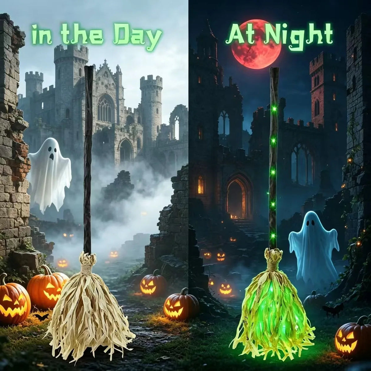 Glowing Witch Broom with Spooky Sounds & Motion